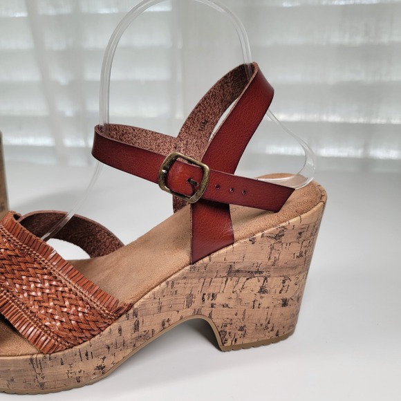 Maurices Brooklyn Brown Cork Wedge Heels Sandals Braided Faux Leather 10 M Shoes - Picture 8 of 14